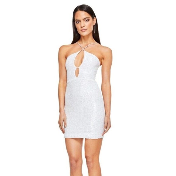 NWT Nookie Supreme Mini Women's (L) White Sequin Spaghetti Strap Mini Dress-$279 - Picture 2 of 9